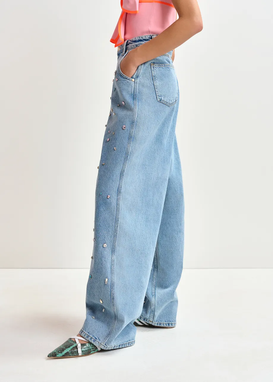 Blauwe jeans met hoge taille en stras