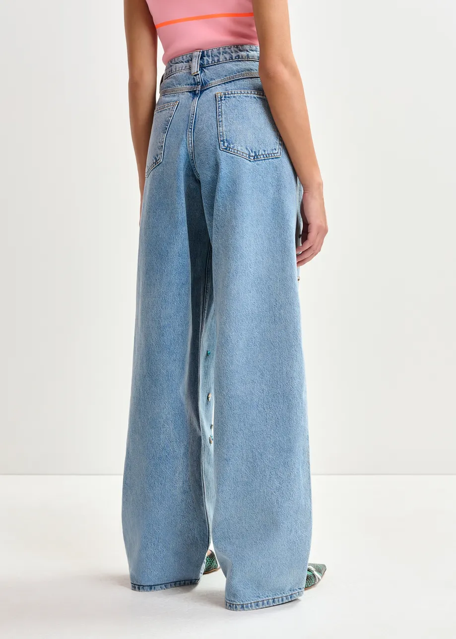 Blauwe jeans met hoge taille en stras