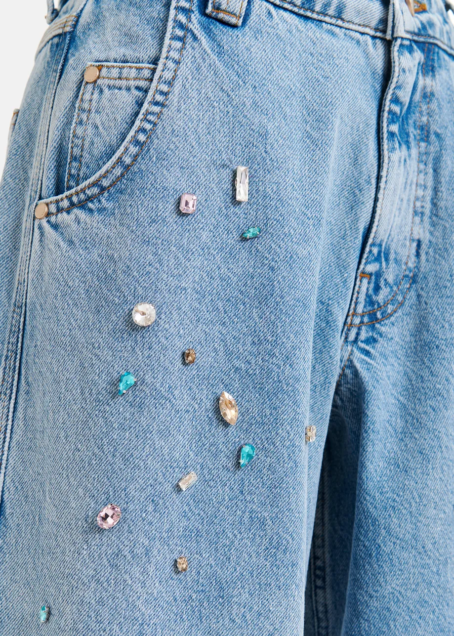 Blauwe jeans met hoge taille en stras