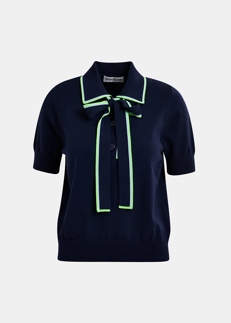 Dark blue, green and blue polo with self-tie fabric scarf