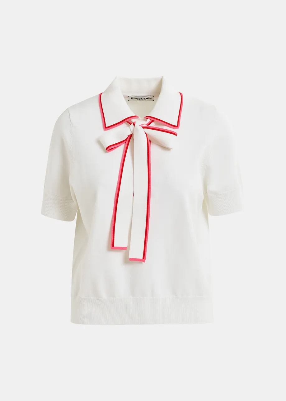 Off-white, red and light pink polo with self-tie fabric scarf