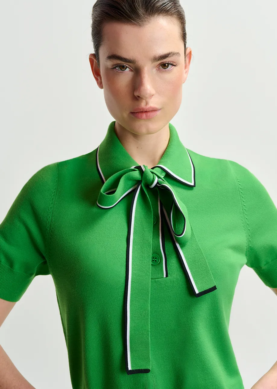 Green, white and black polo with self-tie fabric scarf