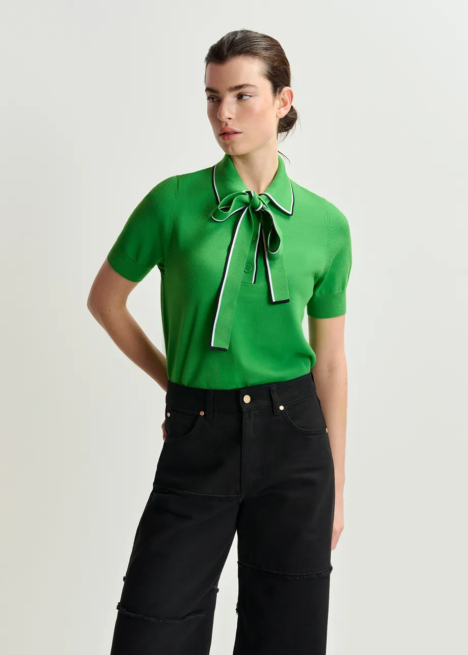 Green, white and black polo with self-tie fabric scarf