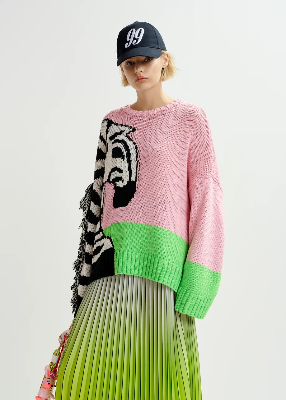 Multicolored jacquard sweater with threads