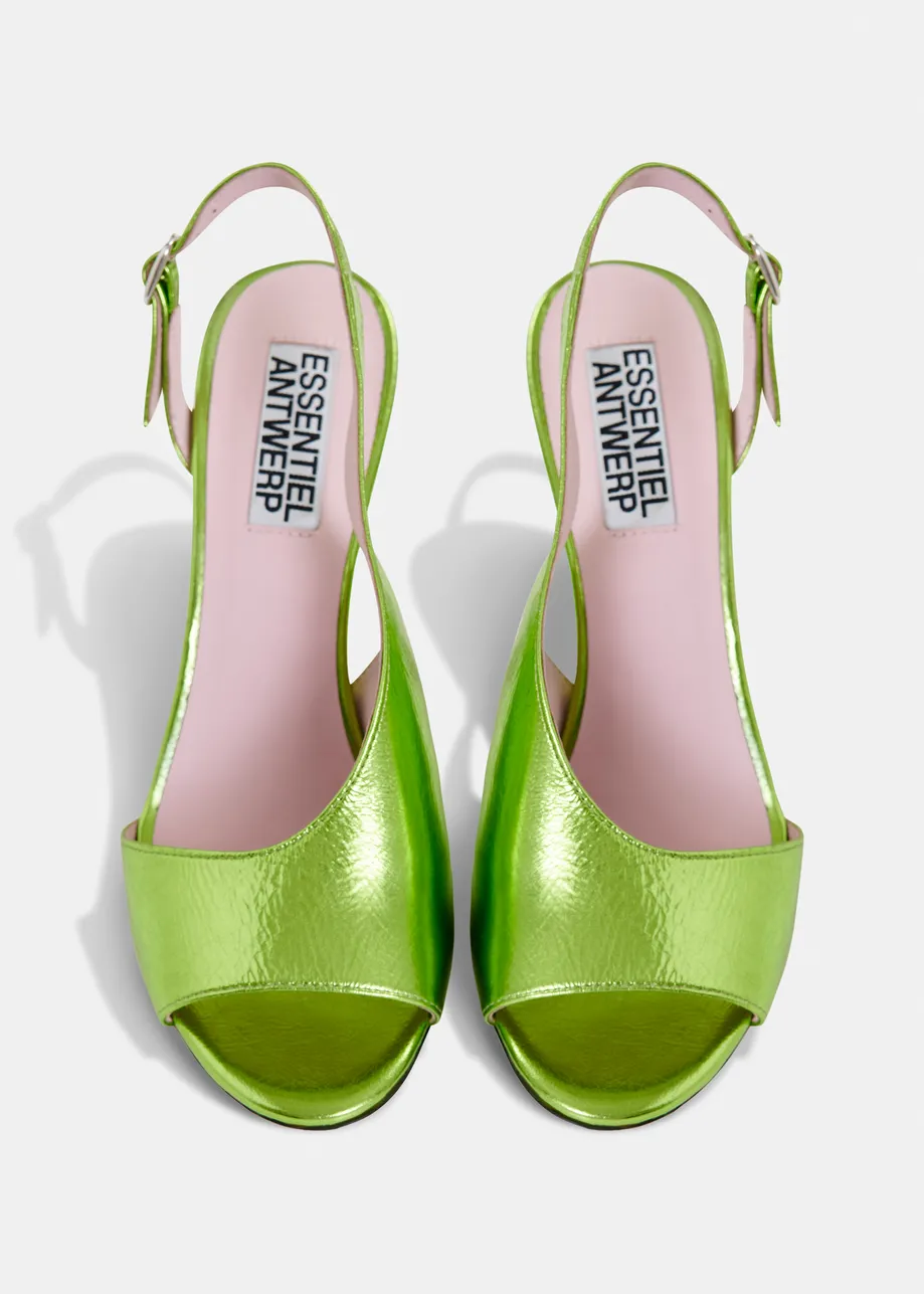 Green shiny leather open-toe slingback pumps