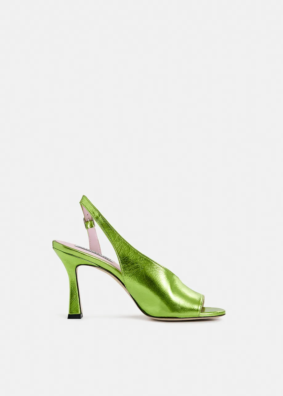 Green shiny leather open-toe slingback pumps