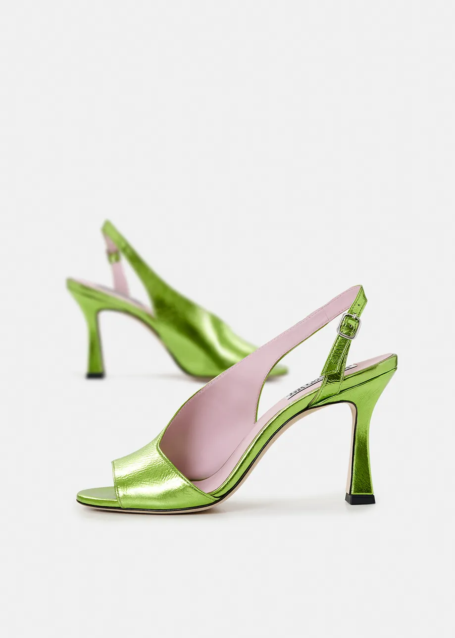 Green shiny leather open-toe slingback pumps