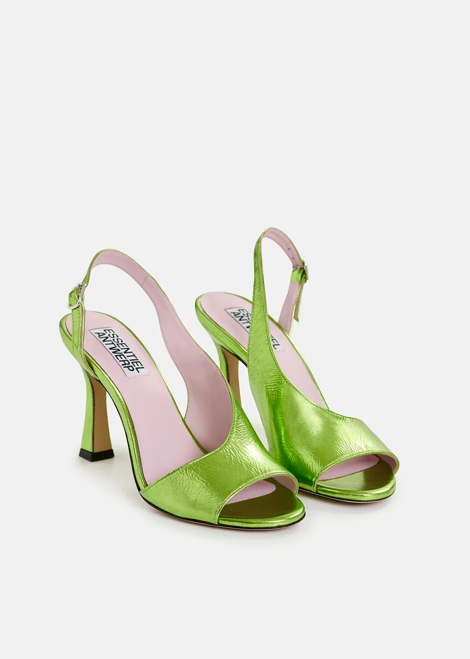 Green shiny leather open-toe slingback pumps