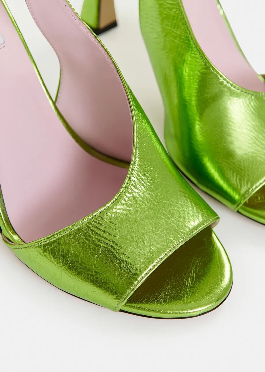 Green shiny leather open-toe slingback pumps