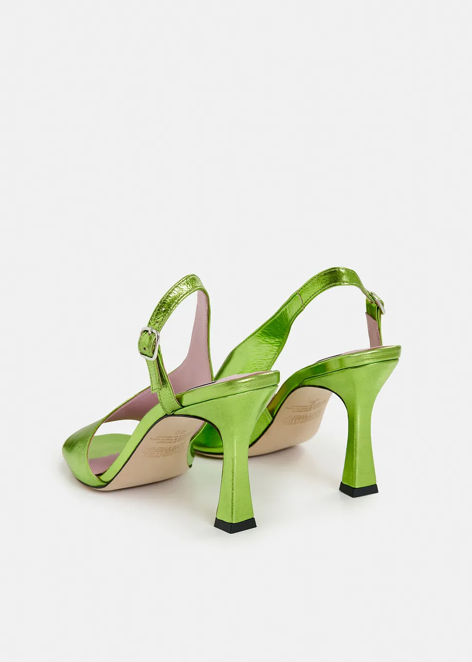 Green shiny leather open-toe slingback pumps