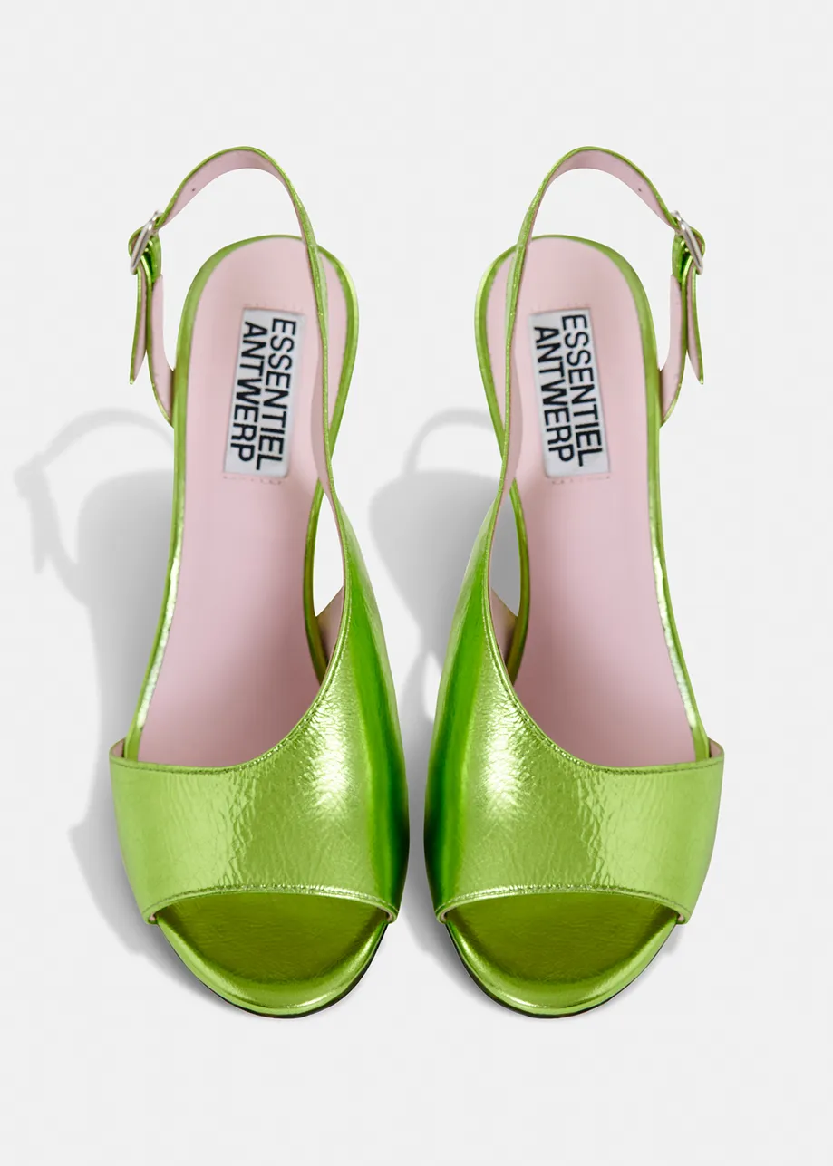 Green shiny leather open-toe slingback pumps