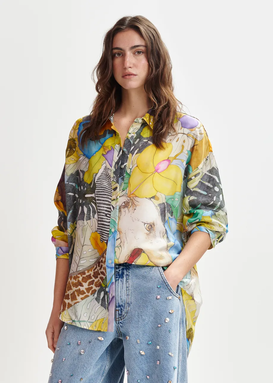 Multicolor silk shirt with tropical print
