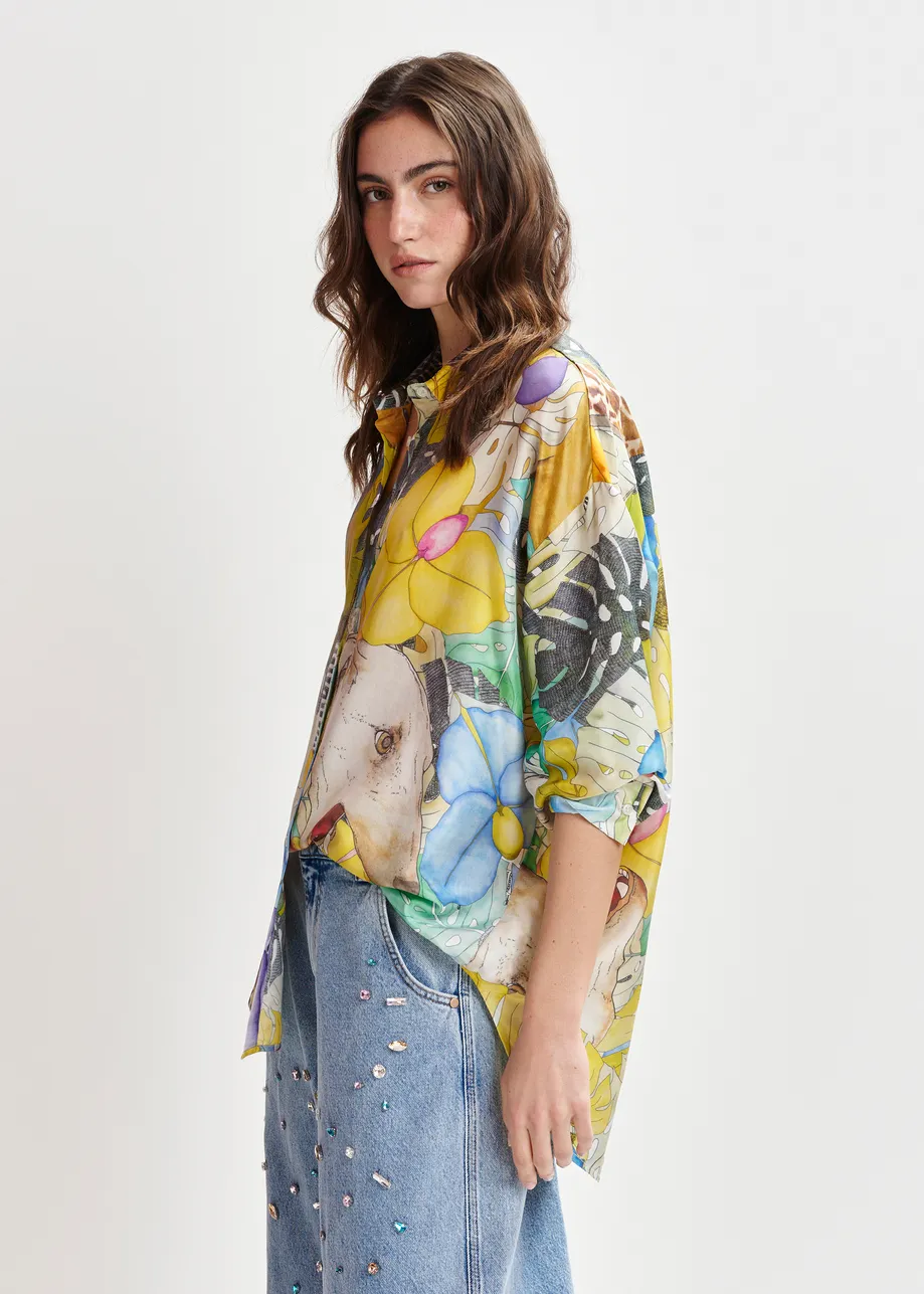 Multicolor silk shirt with tropical print