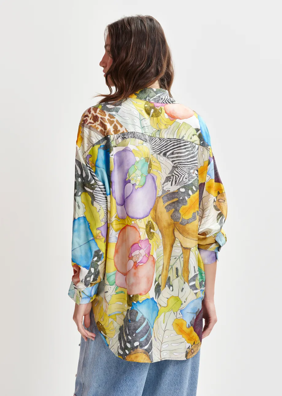 Multicolor silk shirt with tropical print