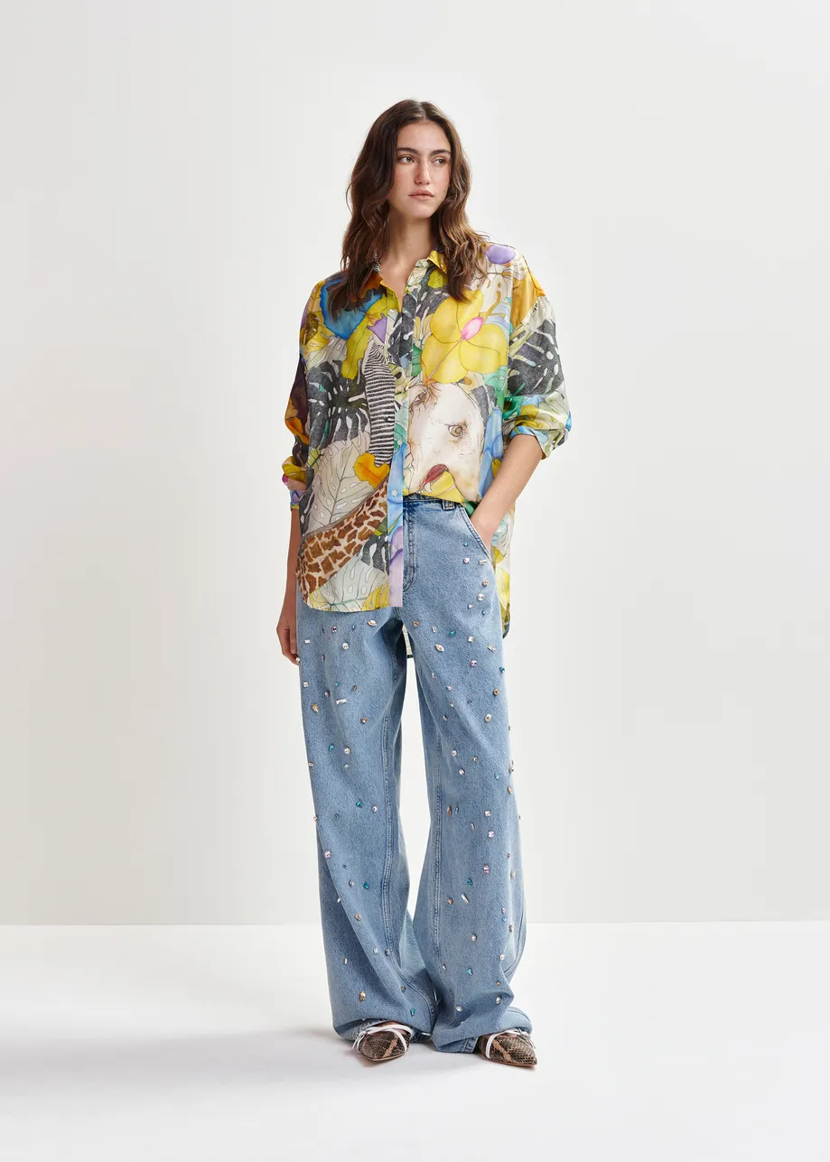 Multicolor silk shirt with tropical print