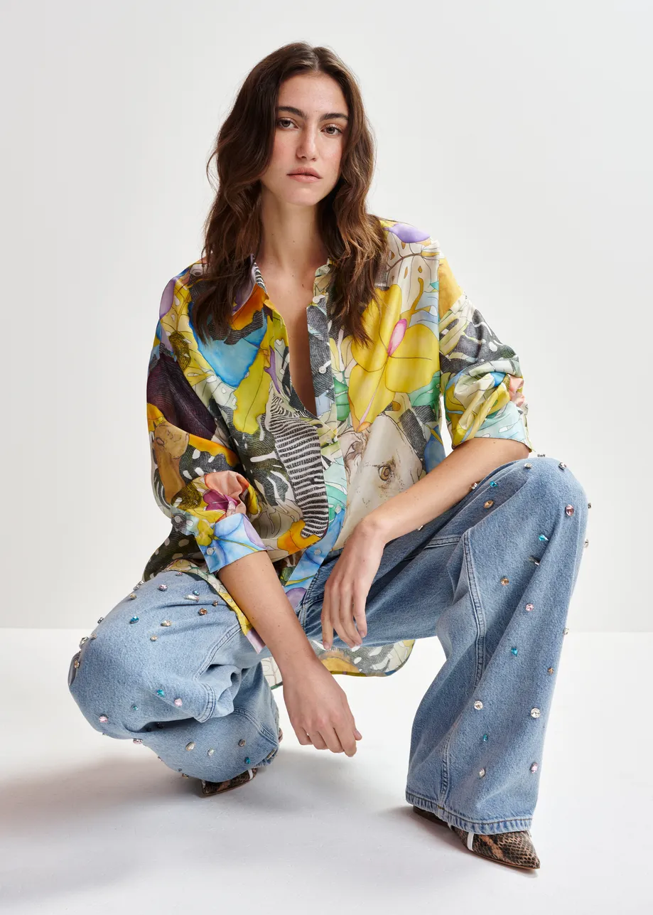 Multicolor silk shirt with tropical print