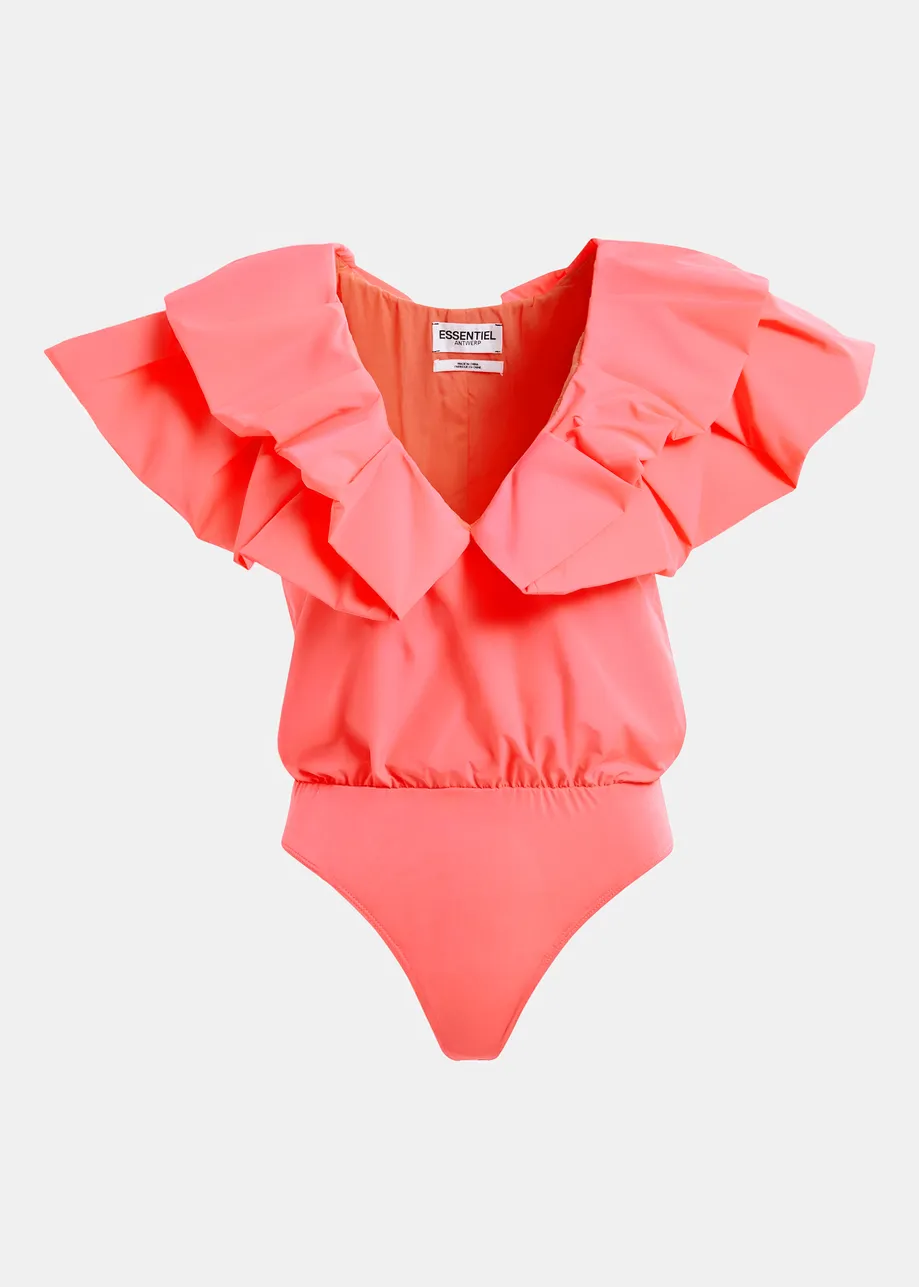 Coral bodysuit with v-neck and ruffled details