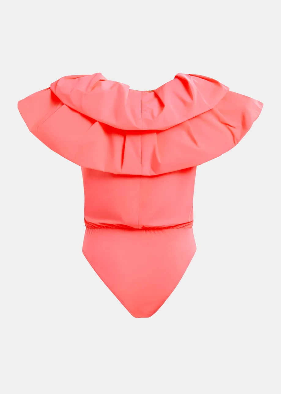 Coral bodysuit with v-neck and ruffled details