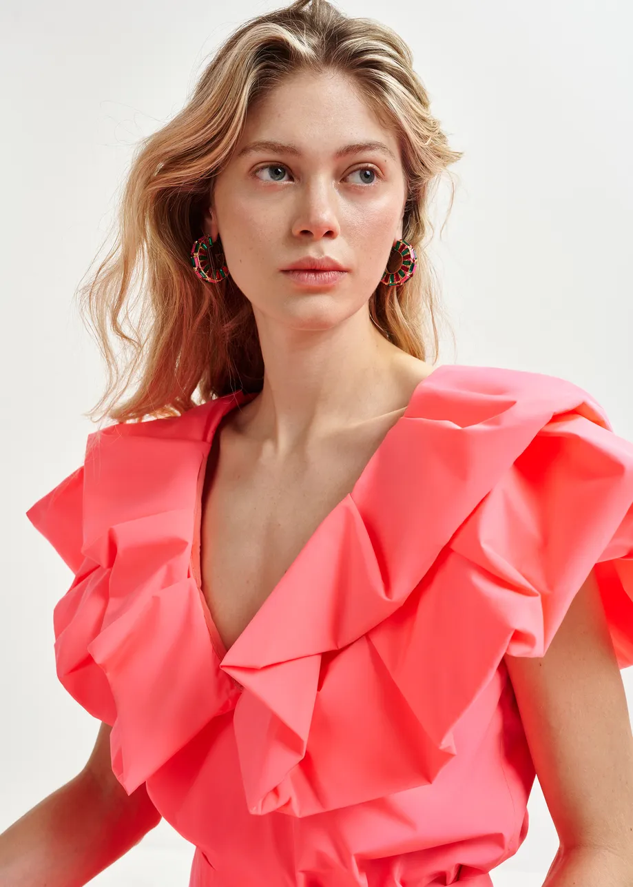 Coral bodysuit with v-neck and ruffled details