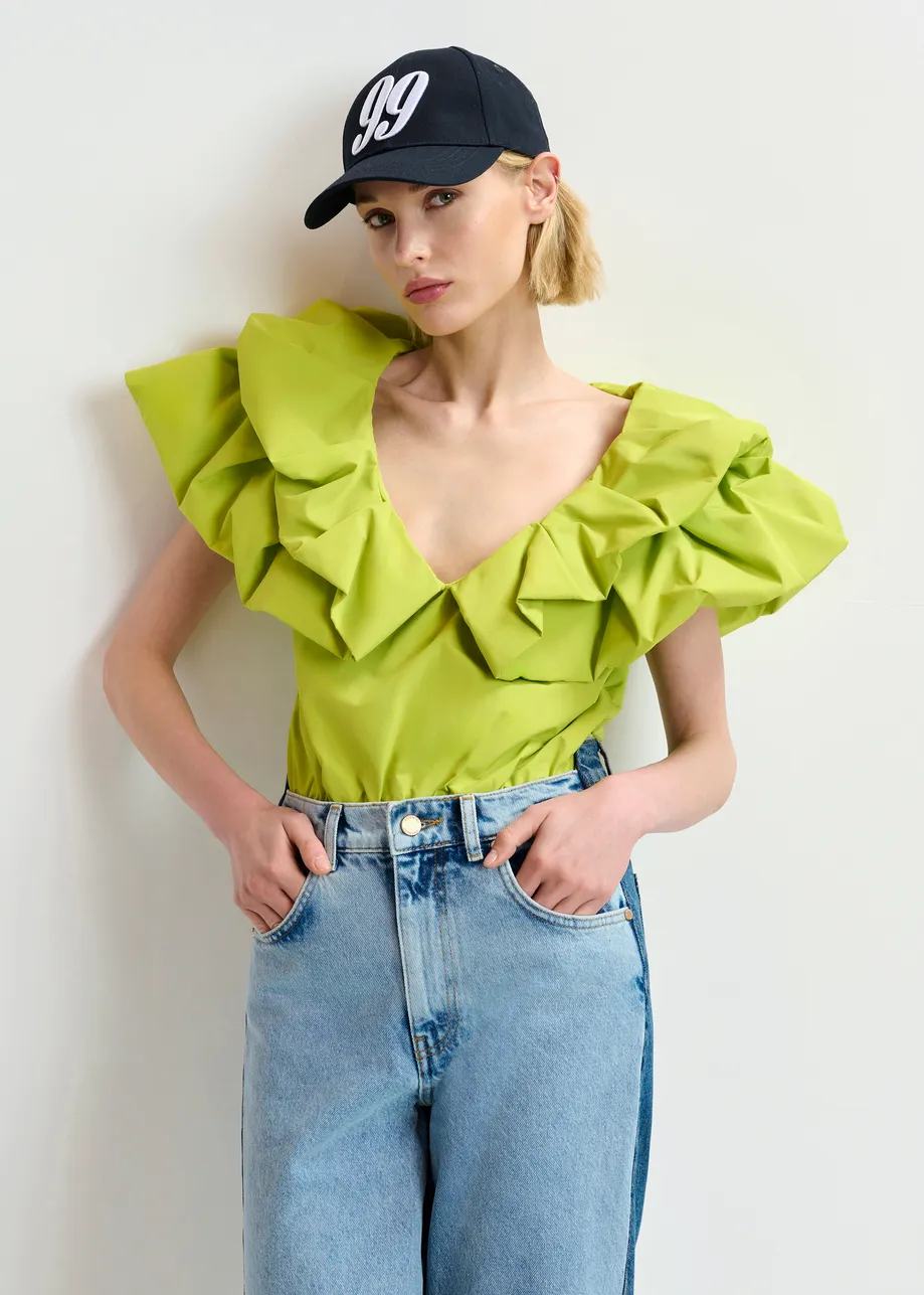 Green bodysuit with v-neck and ruffled details