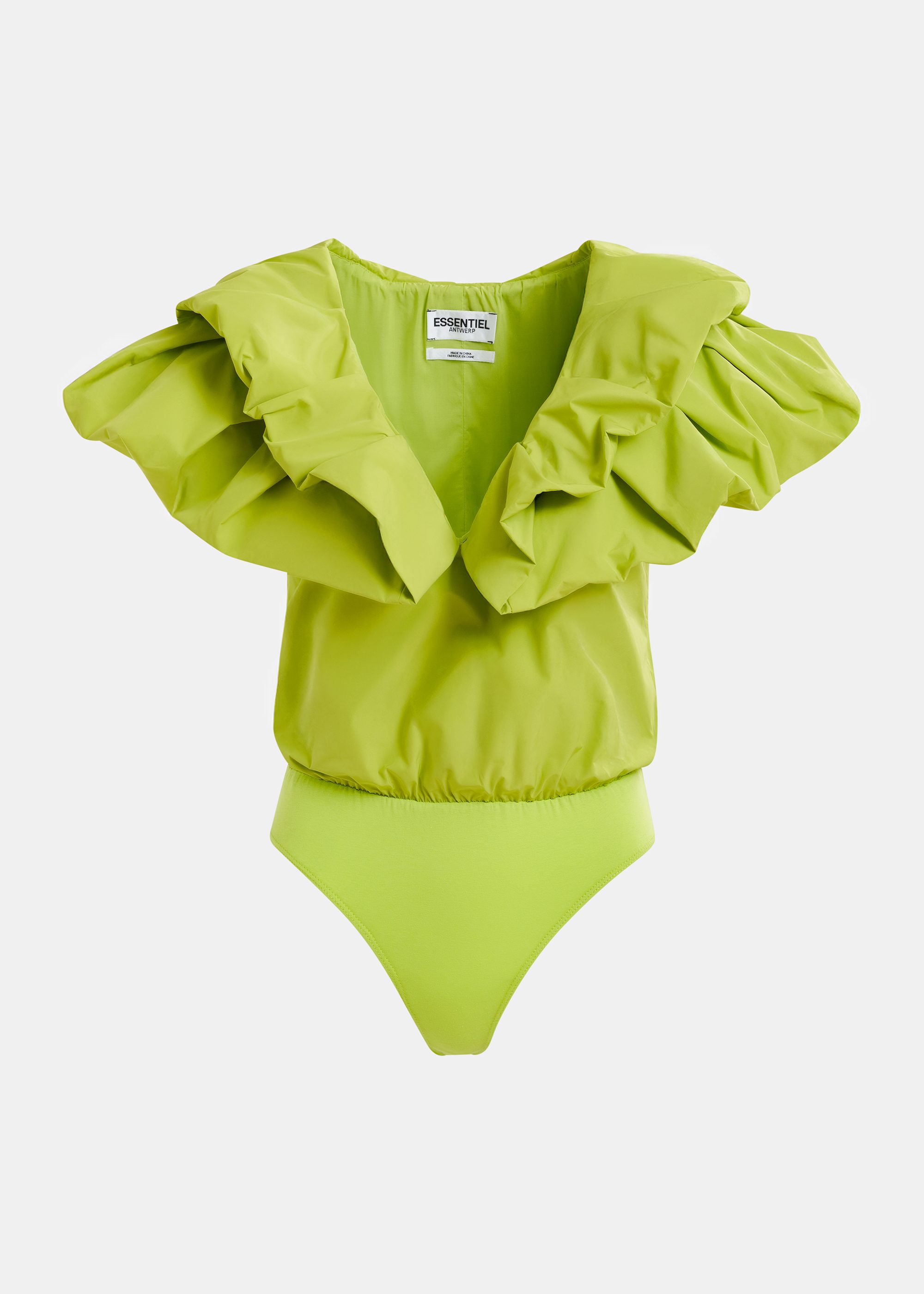 Green bodysuit with v-neck and ruffled details