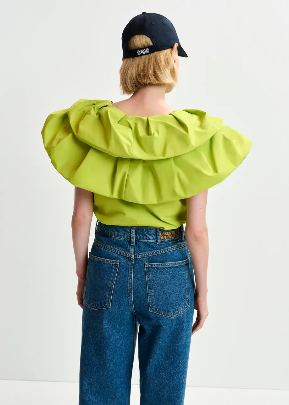 Green bodysuit with v-neck and ruffled details