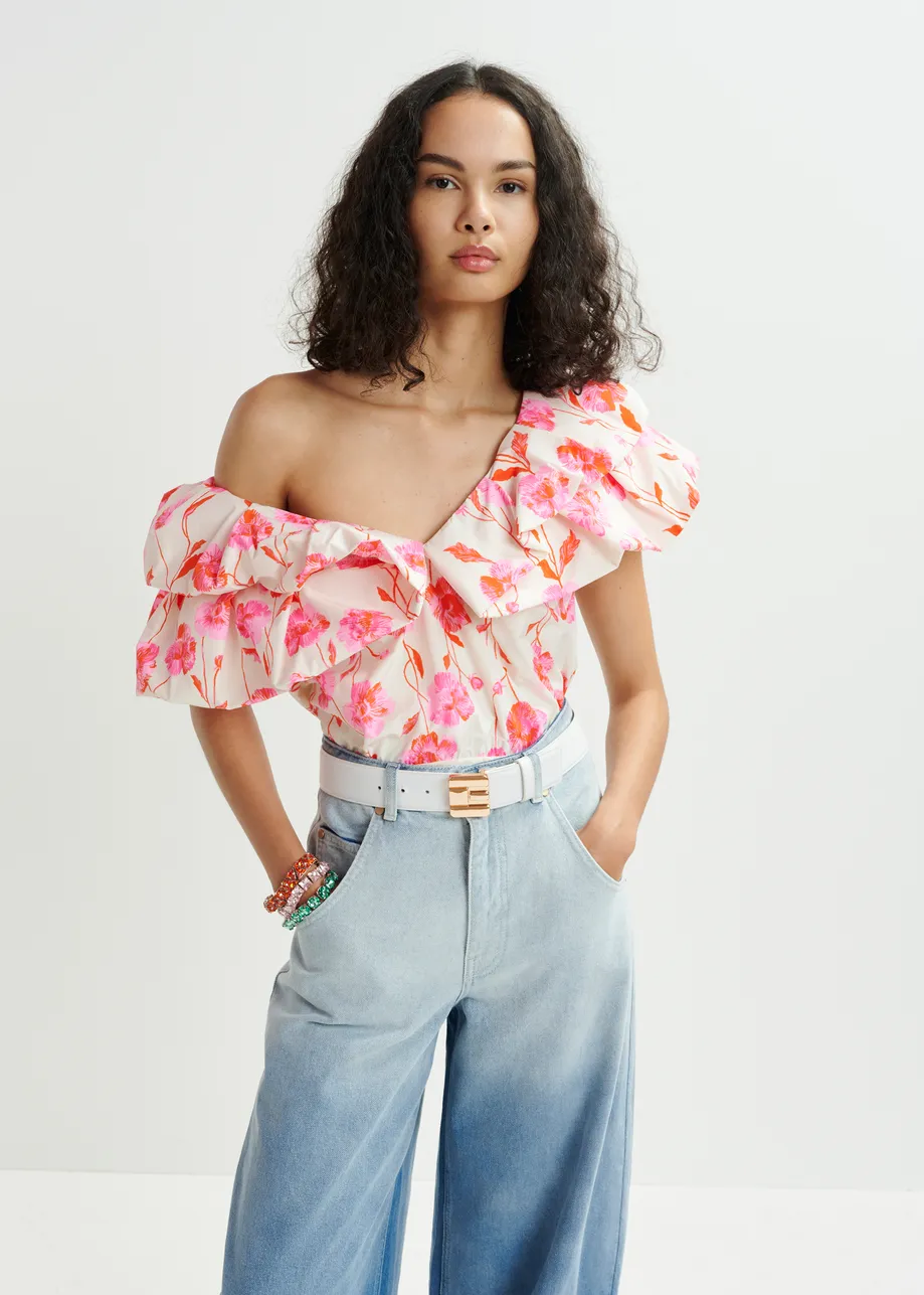 Off-white, red and pink bodysuit with v-neck and ruffled details