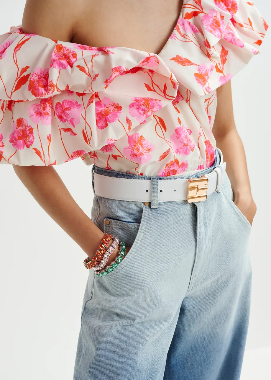 Off-white, red and pink bodysuit with v-neck and ruffled details