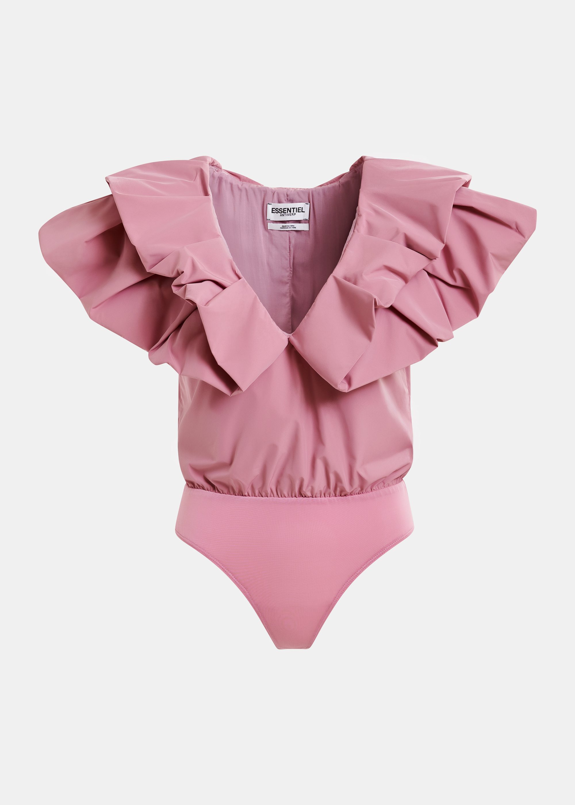 Mauve bodysuit with v-neck and ruffled details