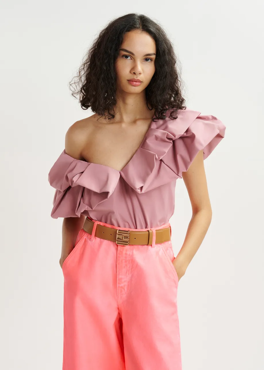 Mauve bodysuit with v-neck and ruffled details