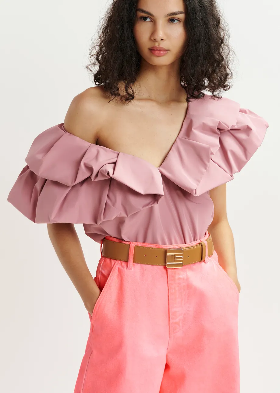 Mauve bodysuit with v-neck and ruffled details