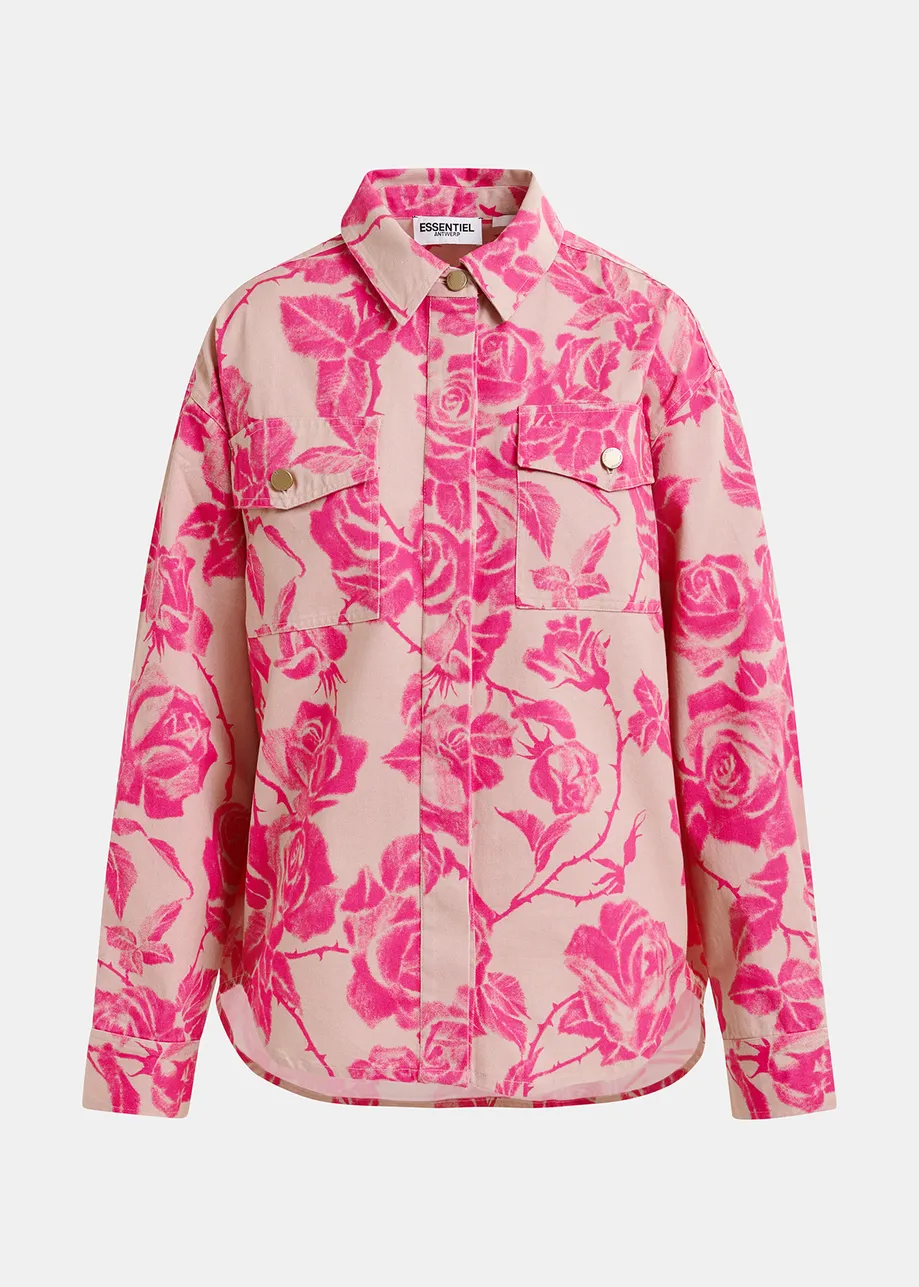 Pink floral-printed denim shirt