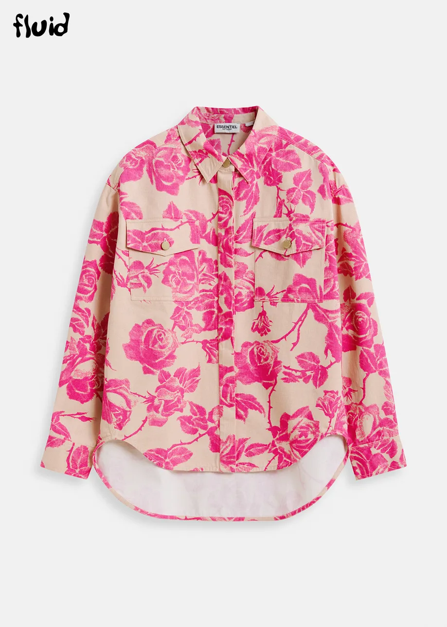 Pink floral-printed denim shirt