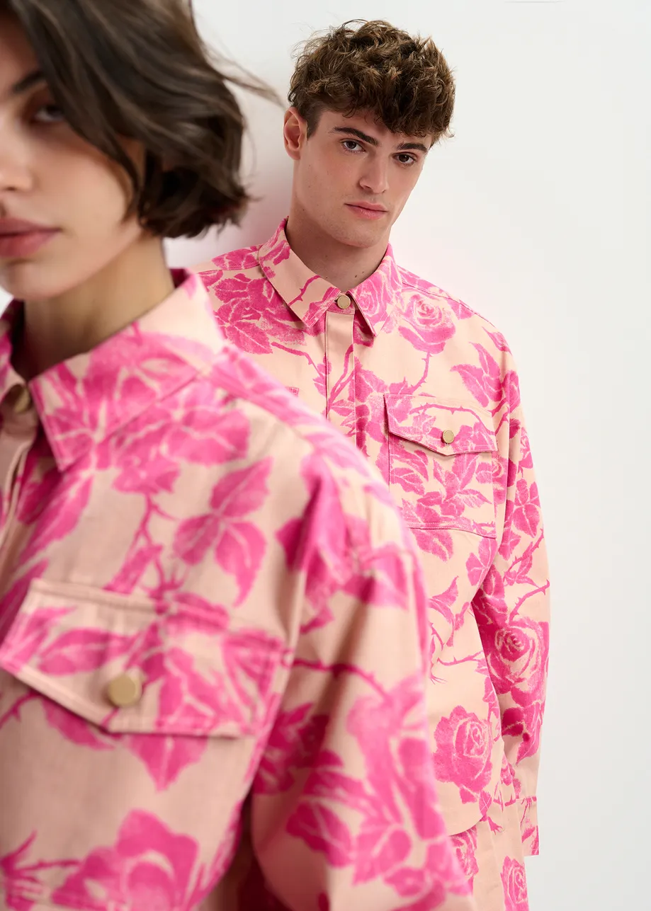 Camisa vaquera de algodón con estampado floral, rosa