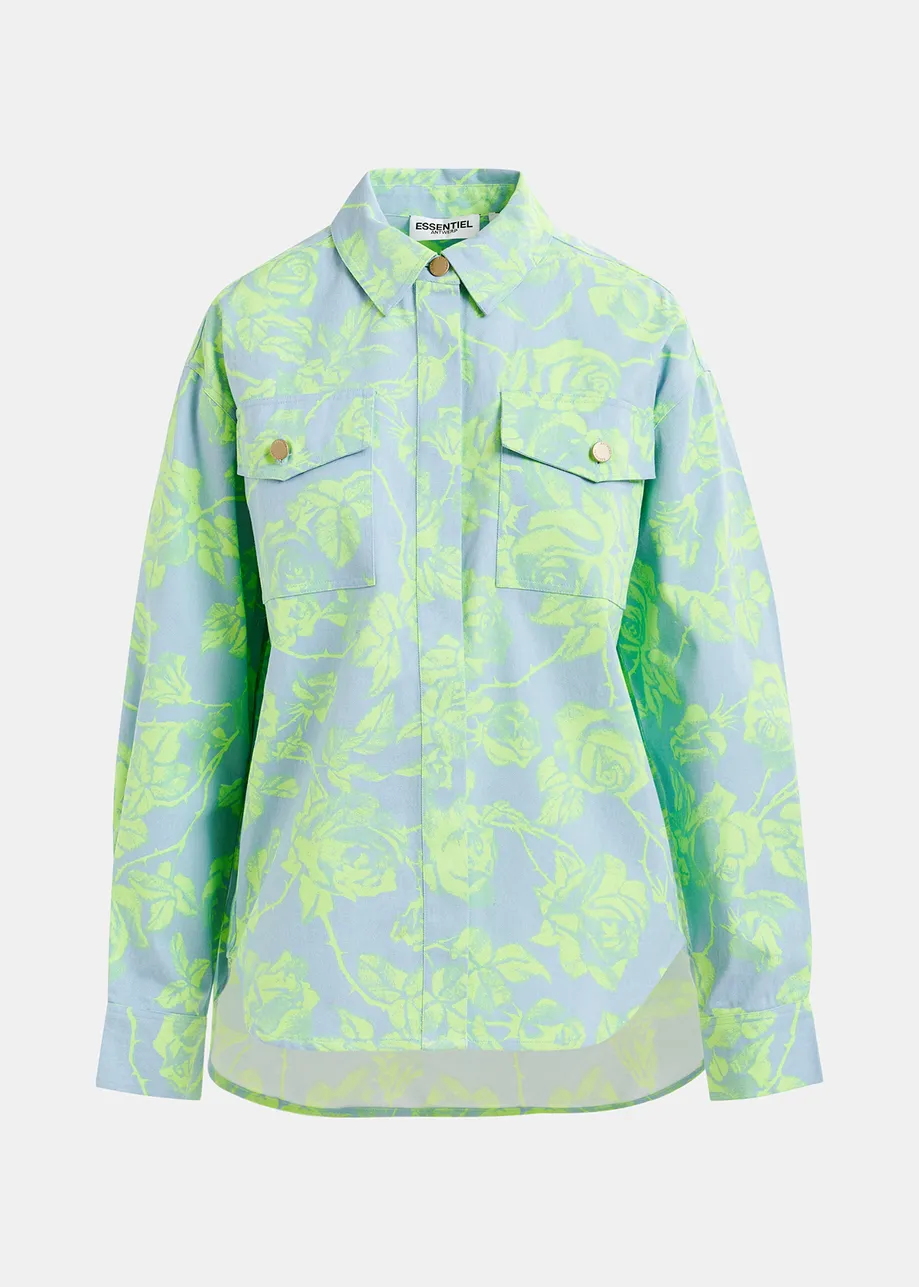 Blue and green floral-printed denim shirt