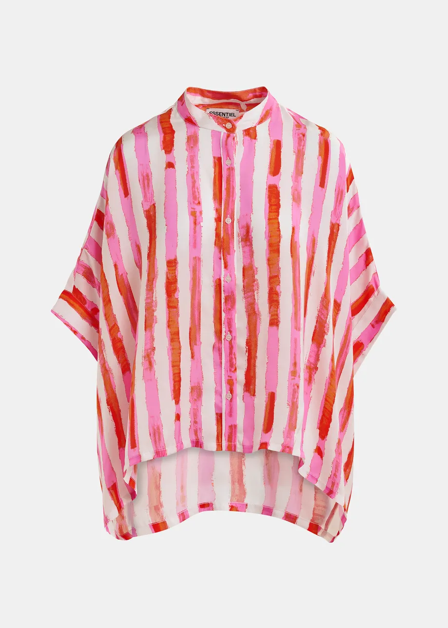 Off-white, pink and red striped button-down shirt with mandarin collar