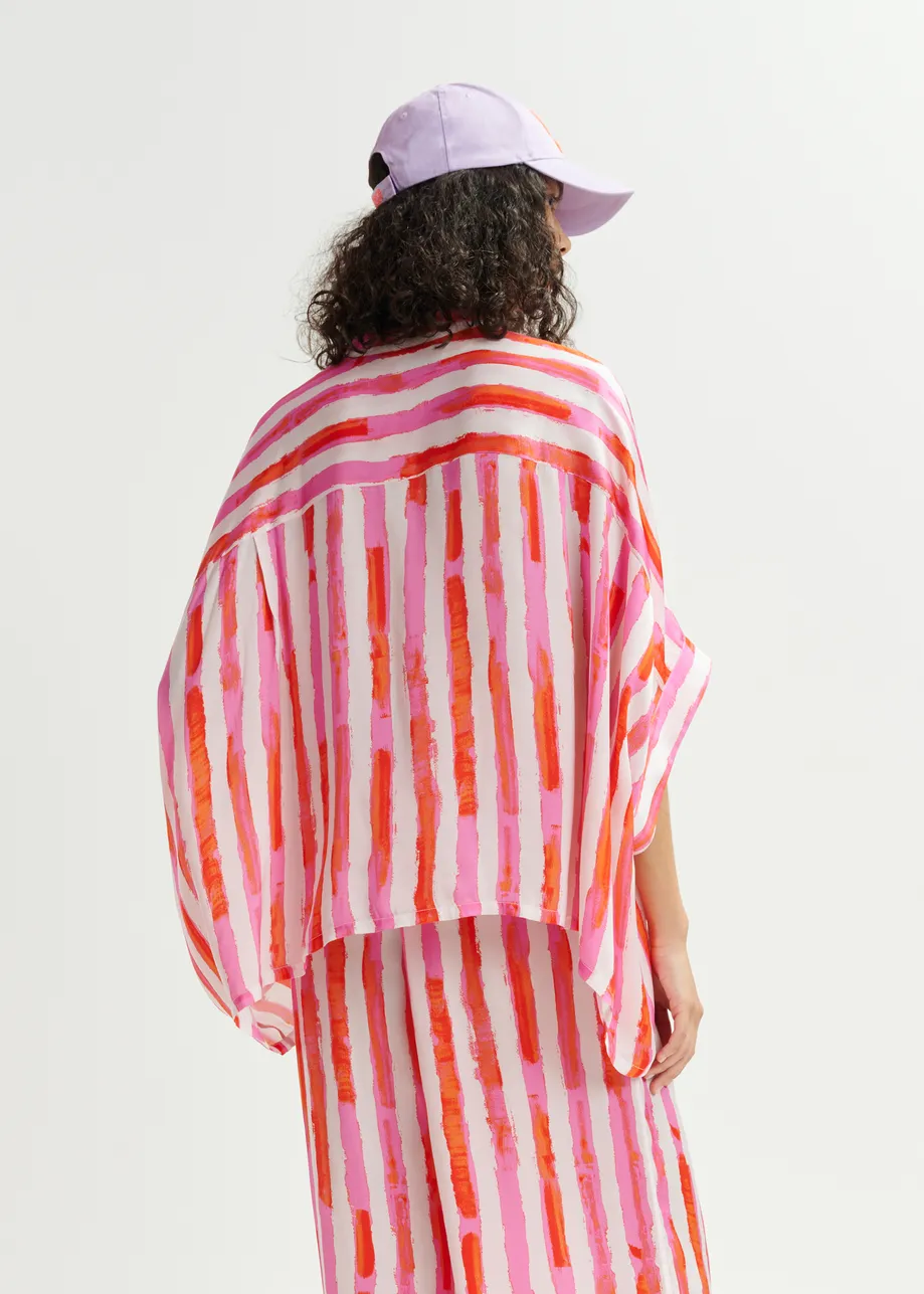 Off-white, pink and red striped button-down shirt with mandarin collar