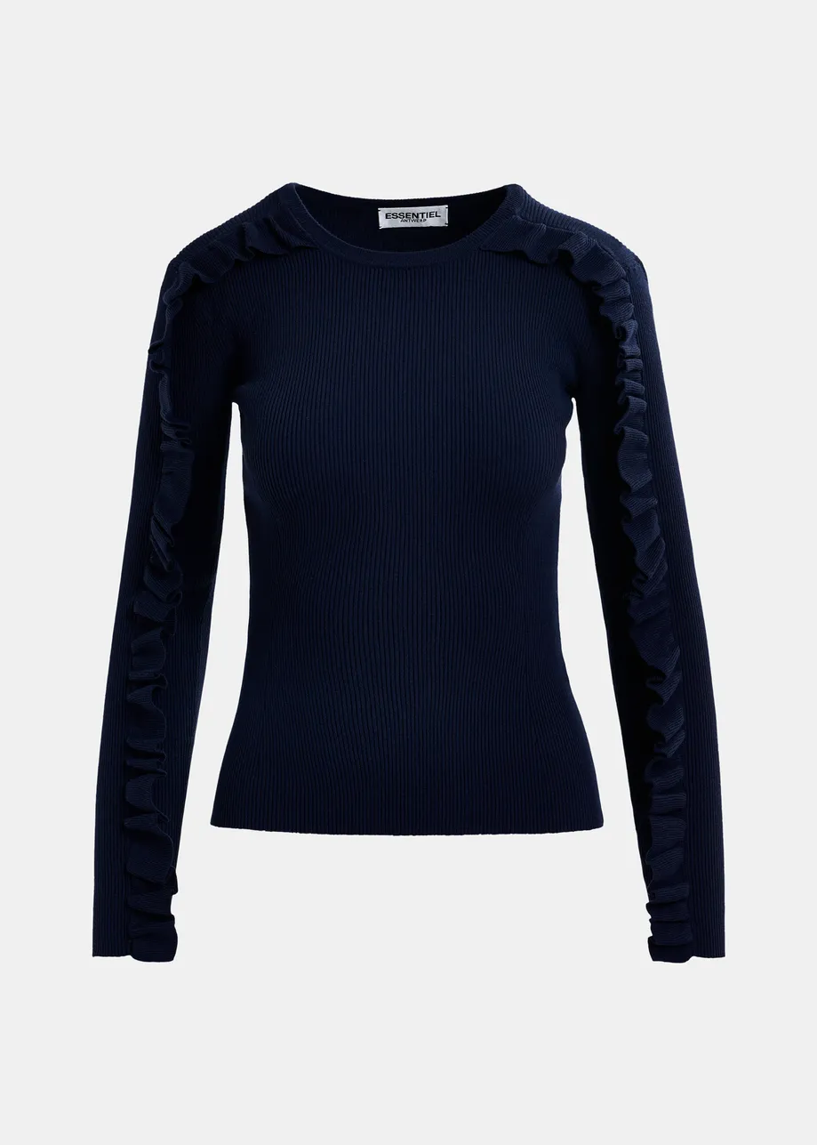 Dark blue knit sweater with ruffles