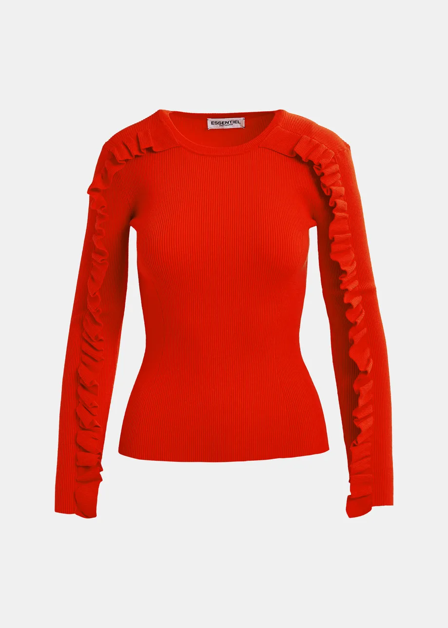 Pull en maille rouge à volants