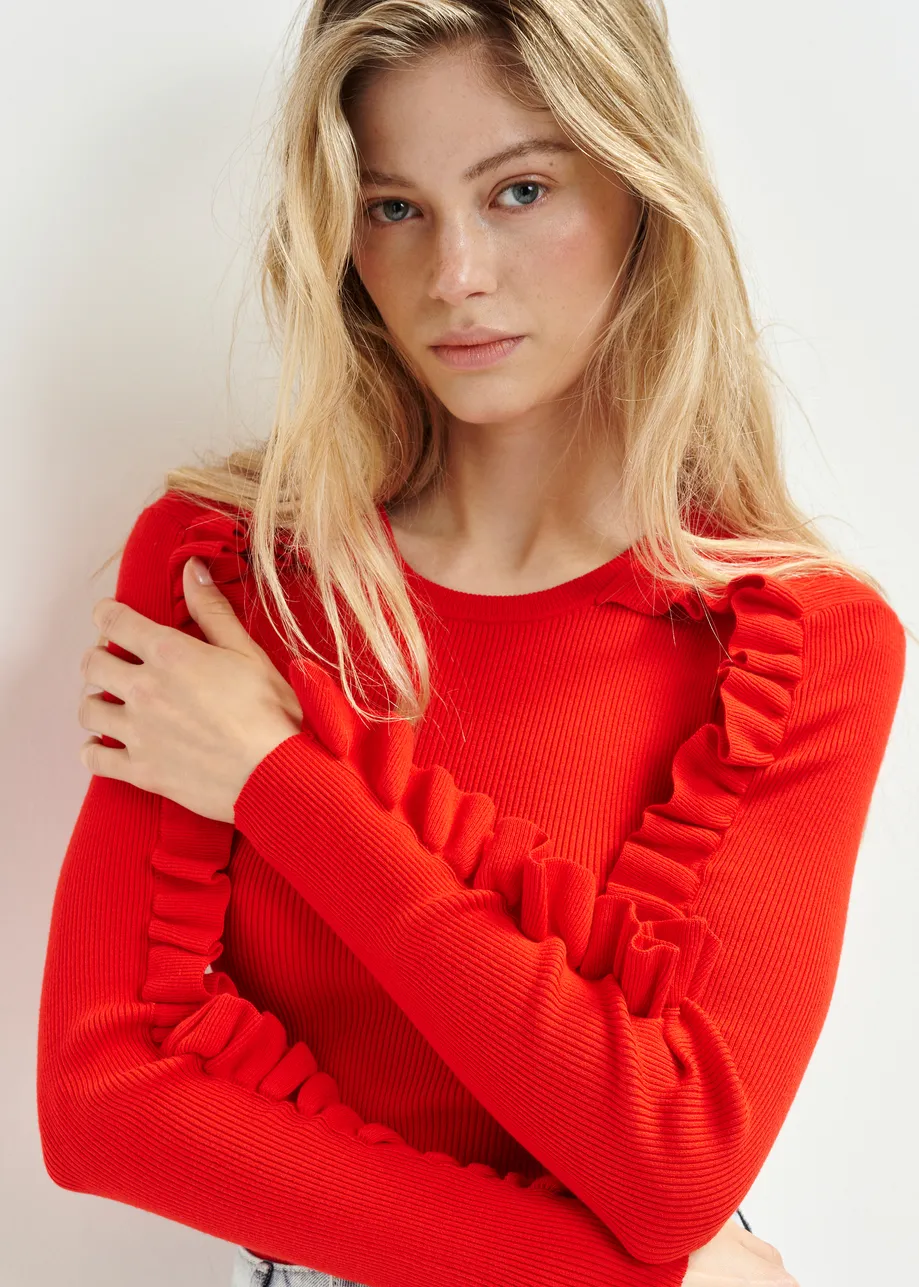 Red knit sweater with ruffles 