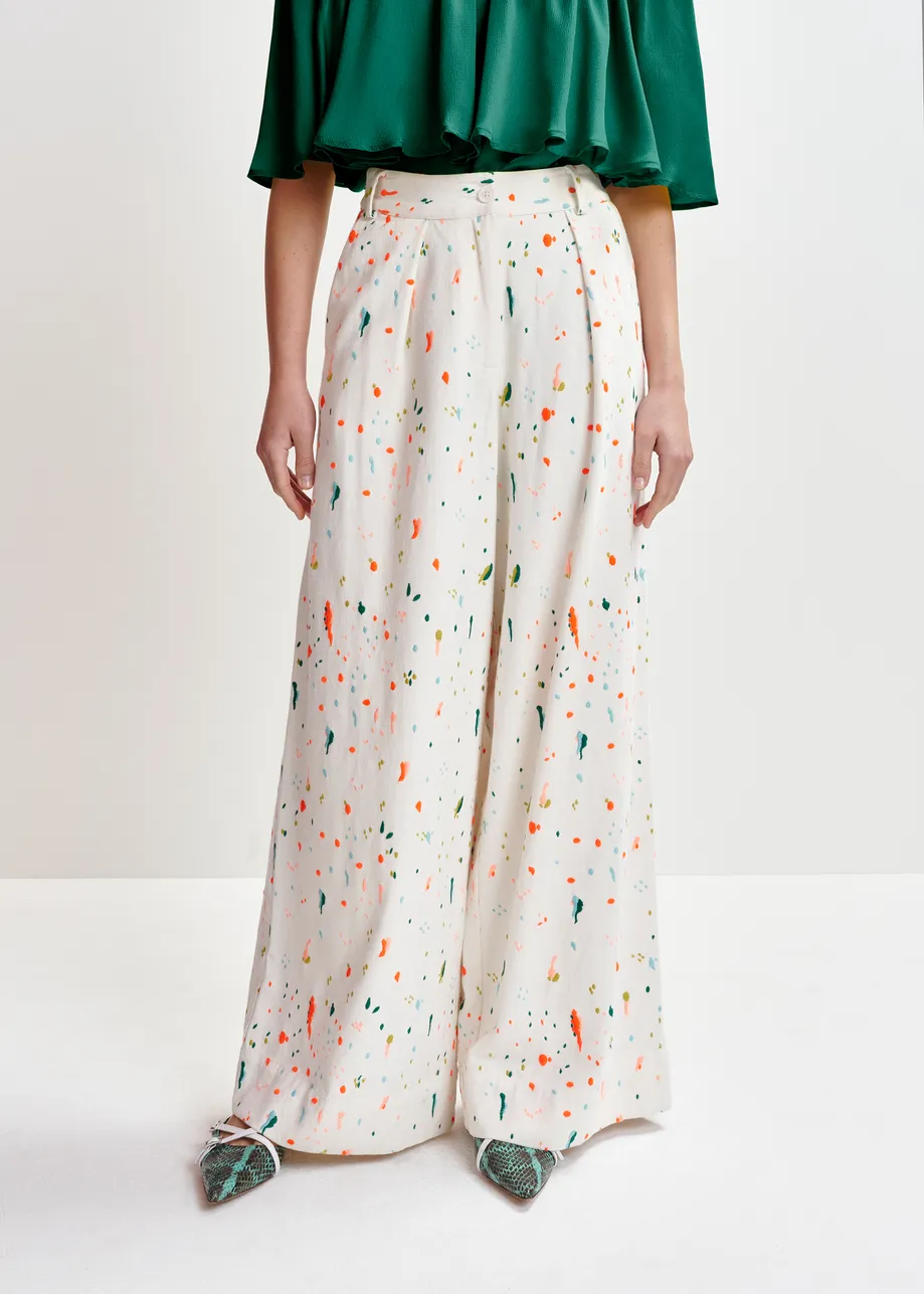 Off-white and multicolor wide-leg pants with embroidered paint splatters