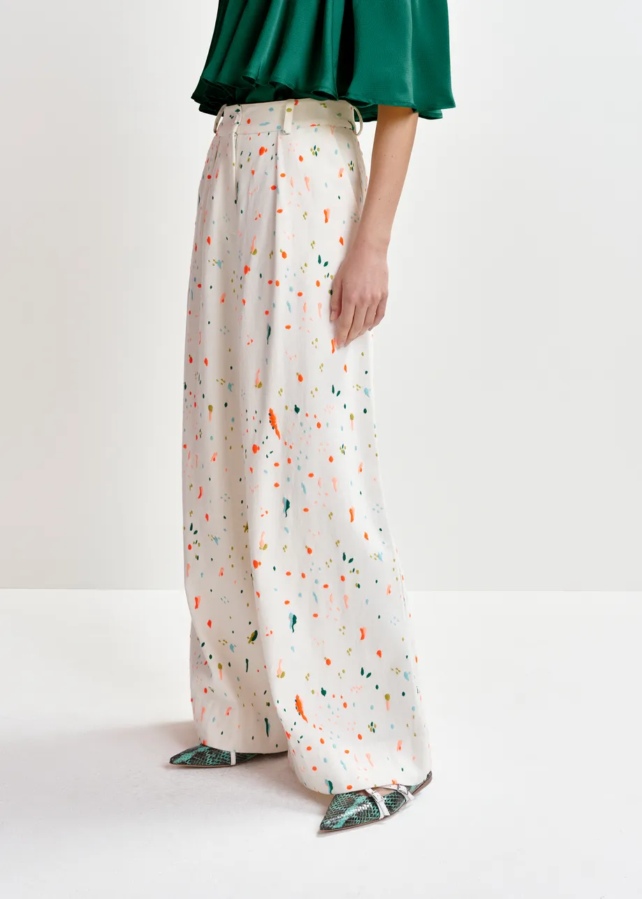 Off-white and multicolor wide-leg pants with embroidered paint splatters