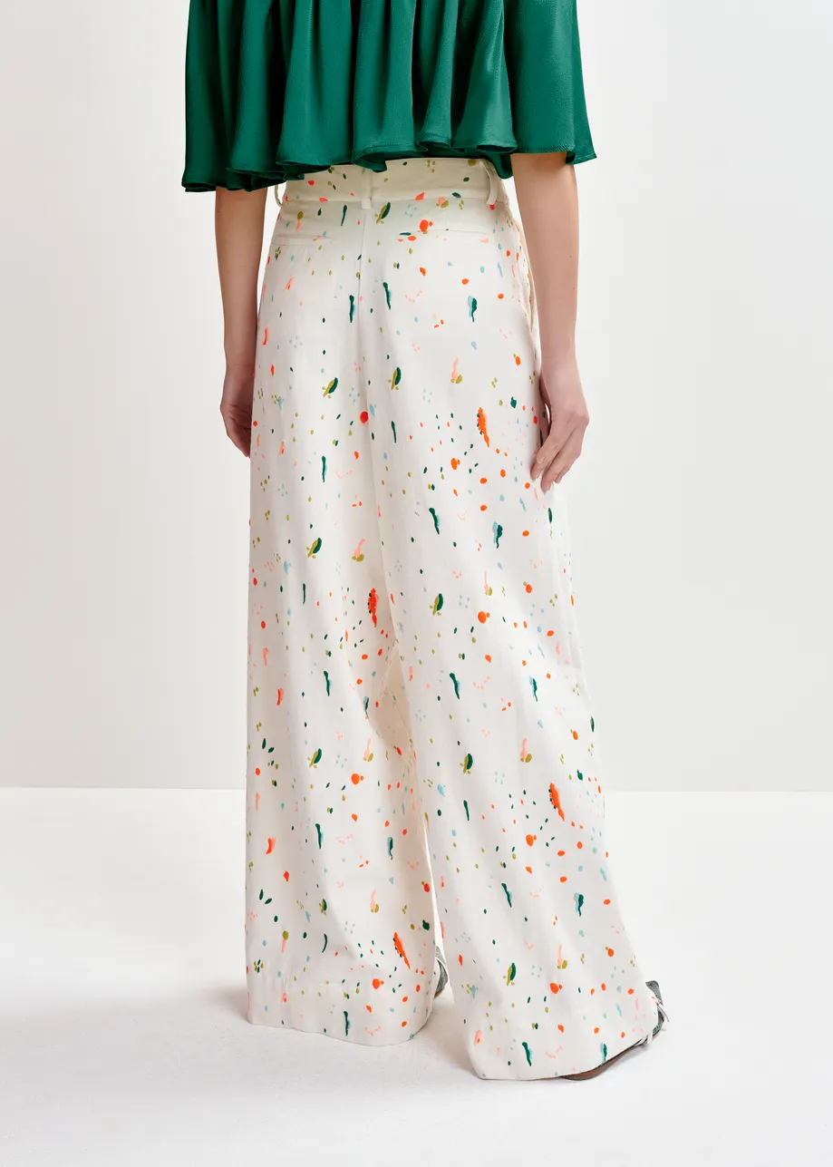 Off-white and multicolor wide-leg pants with embroidered paint splatters