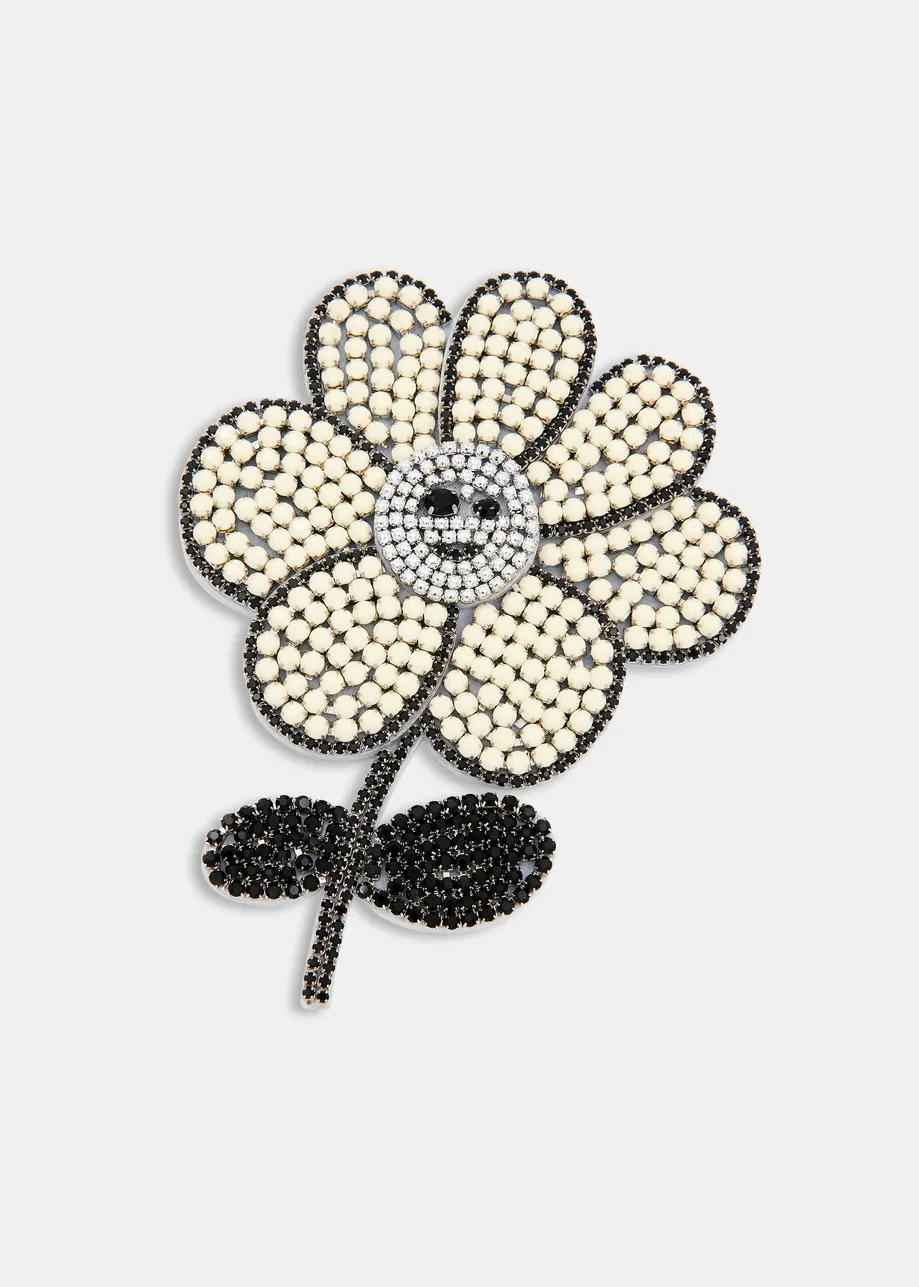 Creme, black and silver flower rhinestone brooch