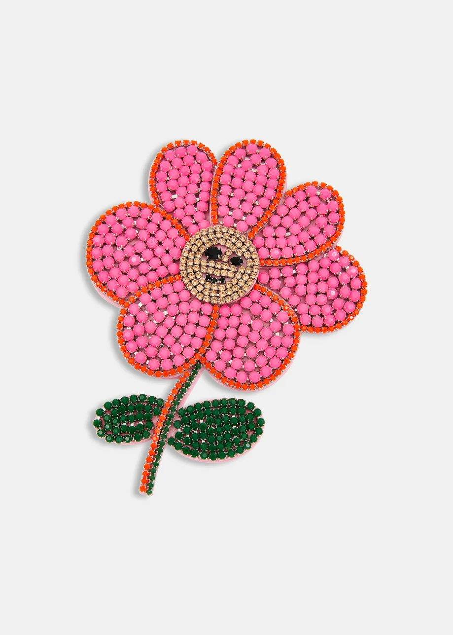Broche de flor con strass, rosa, rojo y verde