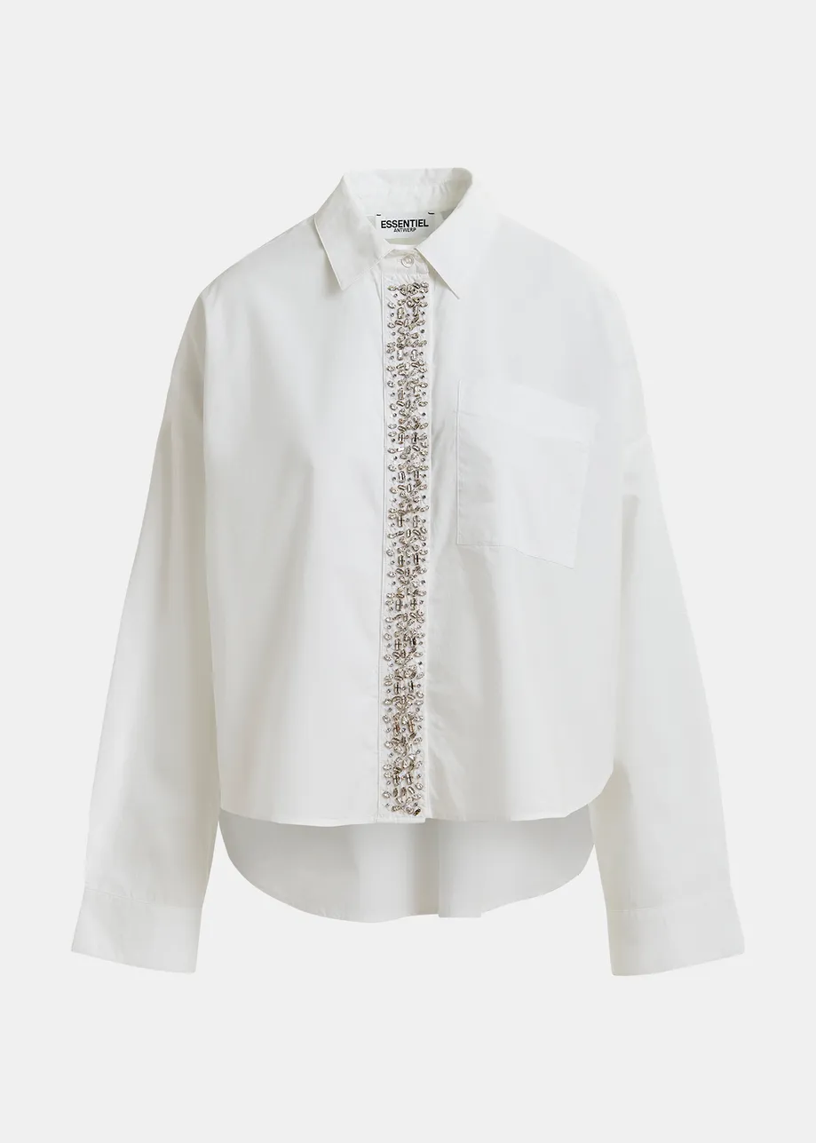 White cotton shirt with embellished button placket
