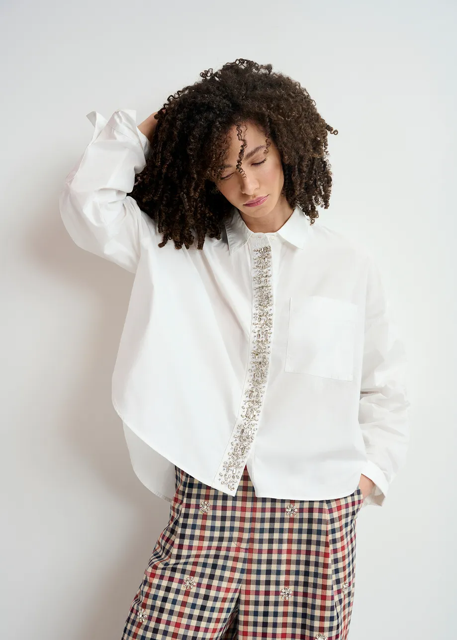 White cotton shirt with embellished button placket