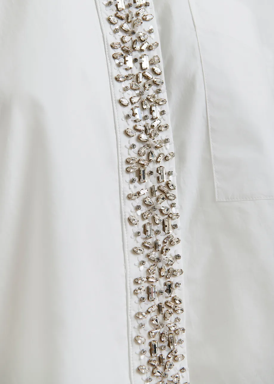 White cotton shirt with embellished button placket