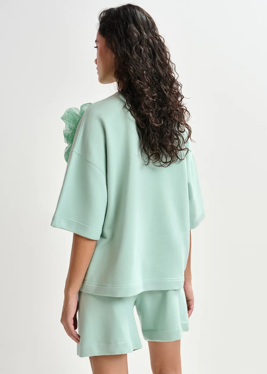 Turquoise sweater met verwijderbare broche van mesh