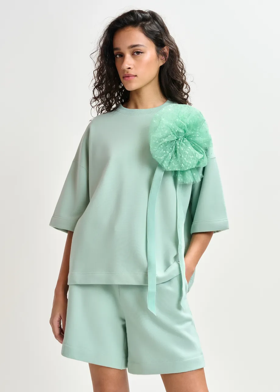 Turquoise sweater met verwijderbare broche van mesh